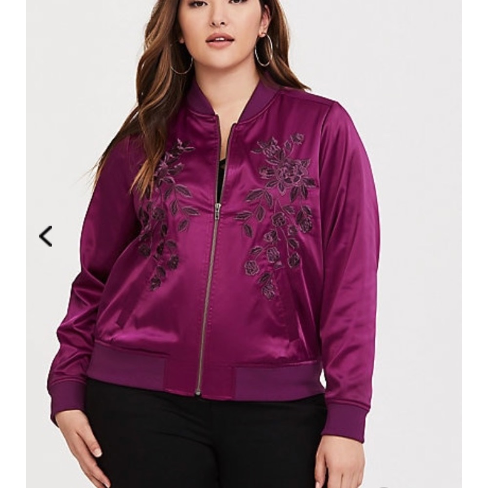Purple satin embroidered bomber jacket
